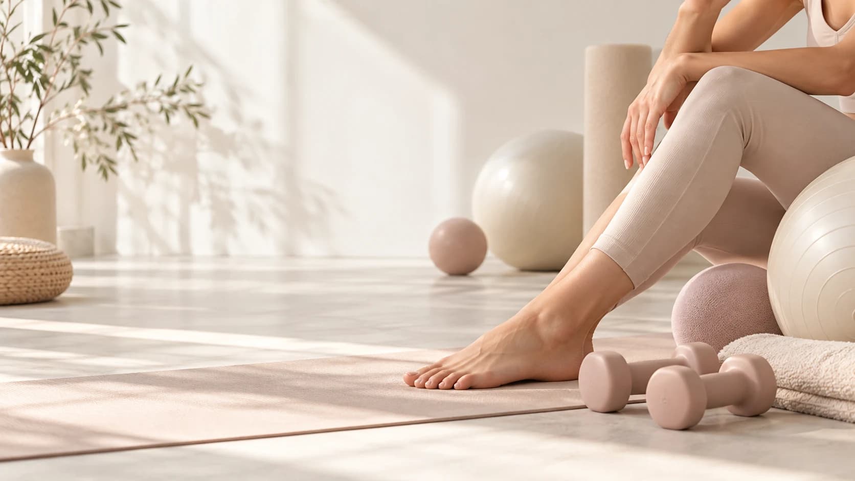 Pilates-Seitdehnung auf einer Matte in einem hellen Studio