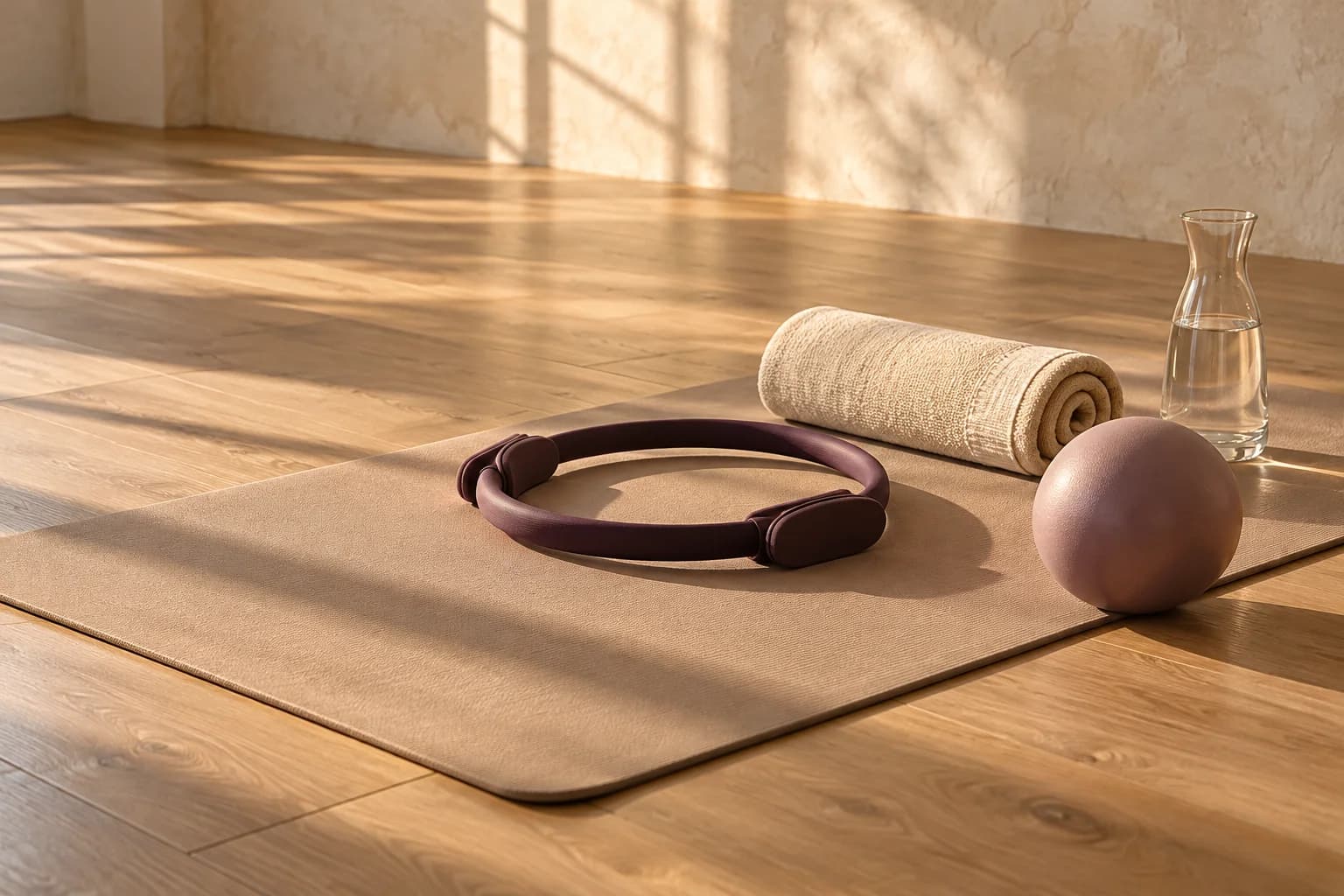 Pilates-Matte, Ring, Ball und Handtuch im warmen Tageslicht